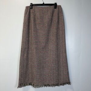 Harve Benard Sport Vintage 100% Wool Plaid Fringe Hem Maxi Skirt Brown Red 14